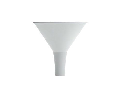 A smooth white funnel with a wide mouth, long neck, and a black backdrop