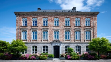 Fototapeta premium Historic European Building Facade with Brickwork and Windows Under Blue Sky