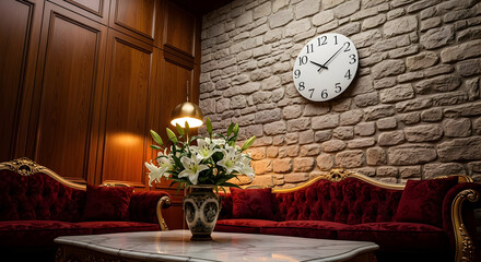 Elegant Lounge Area with Velvet Red Sofas and White Flower Vase in Cozy Interior