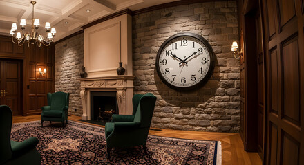 Elegant Lounge Room with Stone Wall Fireplace and Large Wall Clock in Warm Lighting
