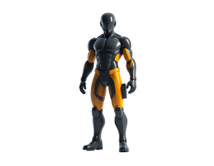 A futuristic android stands tall, dressed in black and orange tactical gear