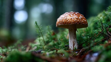 Fototapeta premium A brown-capped mushroom with white spots grows among green moss and pine needles in a forest setting.