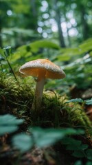 Fototapeta premium A single orange-capped mushroom growing on mossy forest floor amidst green foliage