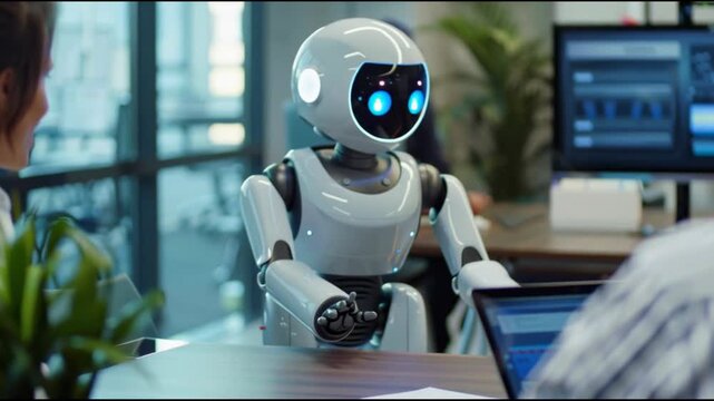 Office staff exchange ideas around meeting table with a humanoid robot sharing real-time updates on a digital screen in a tech-enhanced environment.