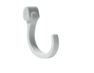 Isolated close-up of a white, curved plastic hook on a black background
