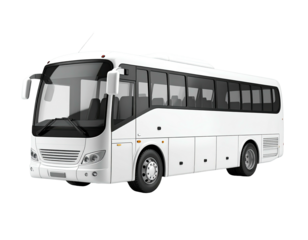 Rendered image of a large white coach bus, showing passenger seating and exterior