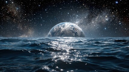 Earth rising over ocean surface under starry night sky