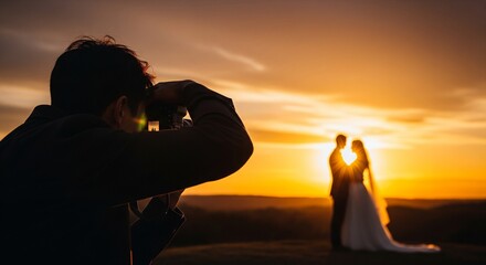 Wedding photographer capturing the couple in golden sunset light, cinematic perspective