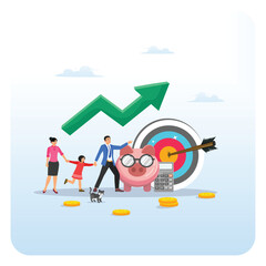 Family financial planning concept. Upward Arrow, Piggy Bank, and Target Reach for Financial Success.