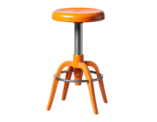 Bright orange adjustable stool with silver accents against a stark black background
