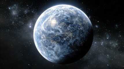 Obraz premium Earth viewed from space, showcasing blue oceans, white clouds, and star-filled background