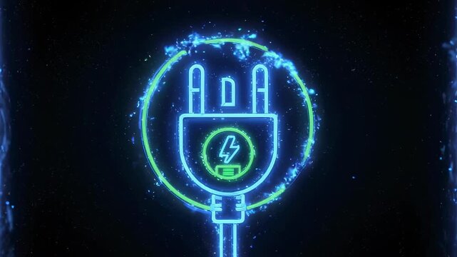A neon glowing electrical plug is presented against a dark background. Energy flows around it, sparking