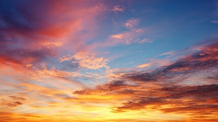 Obraz premium Vibrant sunset sky with colorful clouds and warm hues transitioning from orange to blue