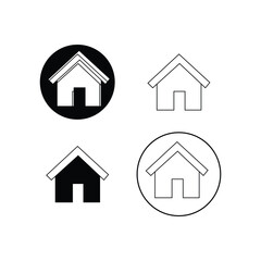 Collection of four simple house icons in black and white with outline and solid fill variations