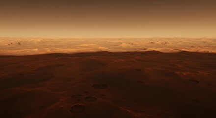 Naklejka premium Panoramic view of a reddish planet surface and atmospheric haze
