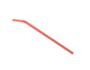 A simple, angled, red drinking utensil against a stark, black background