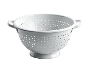 White, bowl-shaped kitchen tool with perforations, handles, and a pedestal base