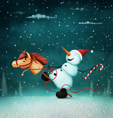 Fantasy greeting card or poster for Christmas or New Year. The Year of the Golden Horse. 