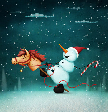 Fantasy greeting card or poster for Christmas or New Year. The Year of the Golden Horse. 