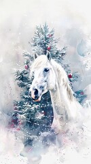 White horse against a Christmas tree background illustration.