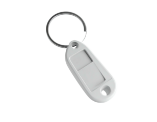 White key fob tag with metal ring, ideal for security access or identification
