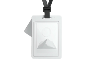 A close-up of a white badge with a mountain scene, hanging on a black lanyard