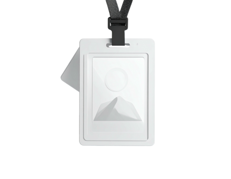 A close-up of a white badge with a mountain scene, hanging on a black lanyard