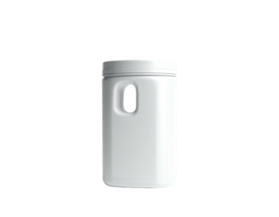 Cylindrical white container with a handle-like opening on a stark black background