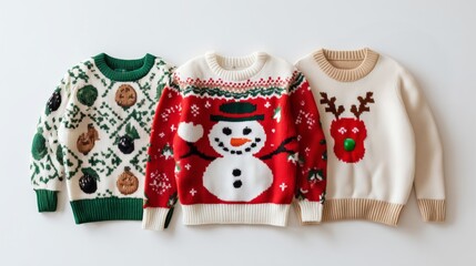 Obraz premium Colorful holiday sweaters featuring festive designs of snowman, reindeer, and ornaments for winter season