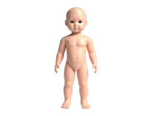 Lifelike plastic doll of a baby, standing upright, with a neutral expression