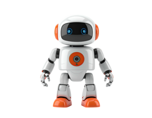 A cute, white and orange robot with a round head and friendly blue eyes