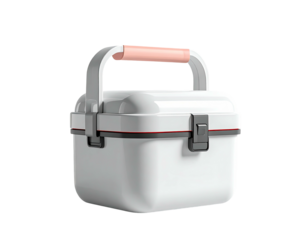 White, rectangular lunchbox with a pink handle and black clasp, isolated on black