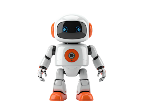 A cute, white and orange robot with a round head and friendly blue eyes