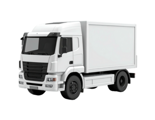 A clean, white delivery truck with a large cargo box, isolated on a dark background