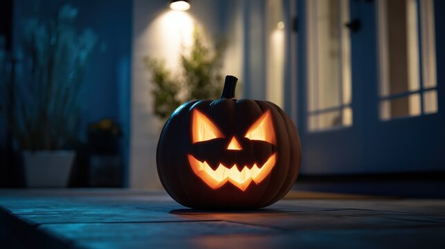Spooky Halloween Pumpkin: An eerie, illuminated pumpkin with a sinister grin sits on a porch, casting an orange glow and setting a chilling Halloween mood.