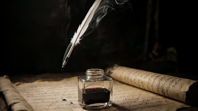 Feather Quill Resting in Inkwell on Parchment Paper with Smoke Against Dark Background in Low Key Lighting
