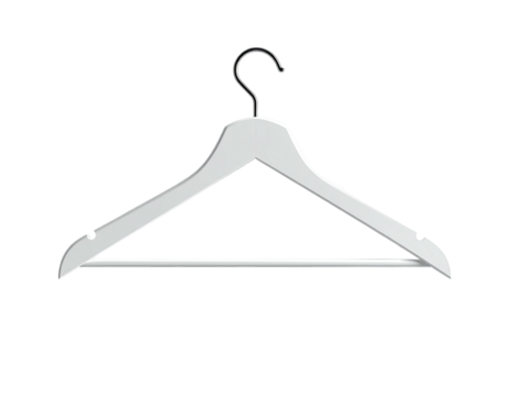 A white, classic-style clothes hanger with a curved metal hook. Minimalist design