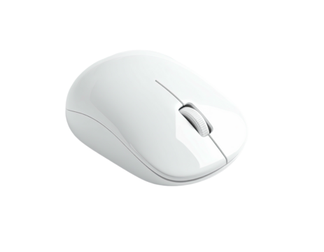 A glossy white computer mouse on a black background, slightly angled - Powered by Adobe