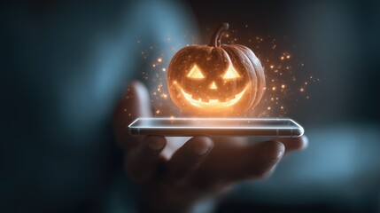 Halloween Pumpkin on Phone: A glowing, grinning jack-o'-lantern hovers above a smartphone, casting an eerie glow over the scene, perfect for digital holiday greetings. 