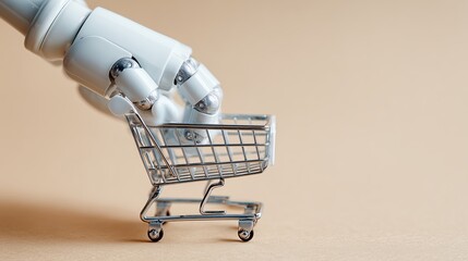 Robotic Hand with Shopping Cart: A close-up shot of a robotic hand interacting with a small shopping cart, against a smooth backdrop