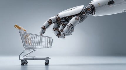 The Robotic Hand and Shopping Cart: A sleek robotic arm gently interacts with a miniature shopping cart, symbolizing the evolution of artificial intelligence and automated commerce.