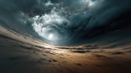Dramatic sky with swirling dark clouds and a bright center, viewed from a low angle over a sandy surface © 志华 崔