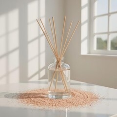 Home fragrance diffuser with natural reeds and perfumed oil, creating a serene atmosphere