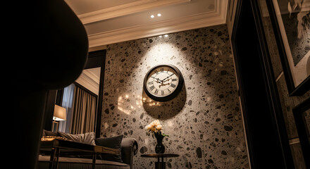 Modern Interior Living Room with Large Wall Clock and Elegant Decor in Warm Lighting
