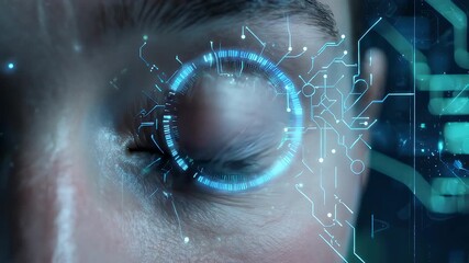 Close Up of Blue Eye Scanned by Futuristic Technology Interface with Geometric Shapes in a Dark Background - Powered by Adobe