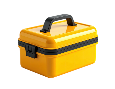Bright yellow tool box with black handle and trim, isolated on a black background