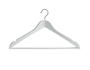 A stylized white wooden clothes hanger, suspended on a black background