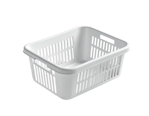 A white rectangular plastic basket with vertical bars and two handles