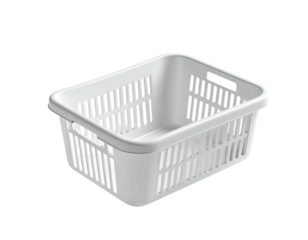 A white rectangular plastic basket with vertical bars and two handles
