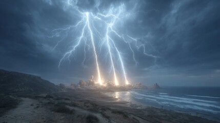Obraz premium Spectacular lightning strikes illuminating a dramatic coastal landscape at dusk creating a
